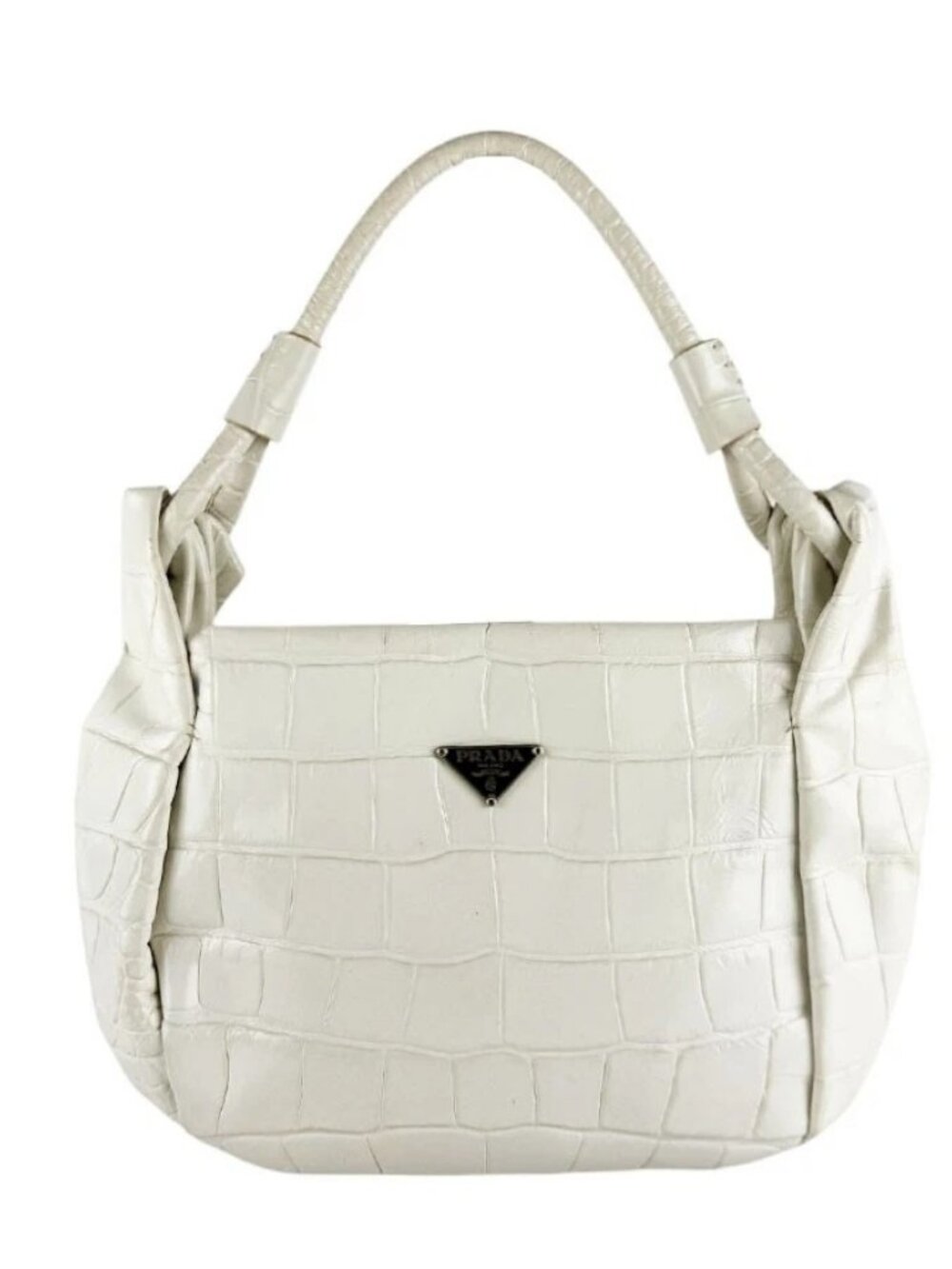 PRADA Handbag Off White Embossed Leather/Silvertone